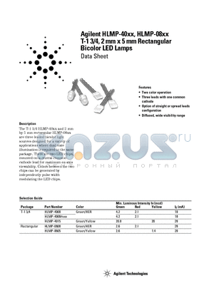 HLMP-0800 datasheet - T-1 3/4, 2 mm x 5 mm Rectangular Bicolor LED Lamps