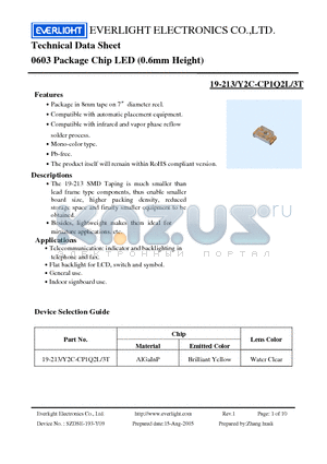 19-213-Y2C-CP1Q2L-3T datasheet - 0603 Package Chip LED (0.6mm Height)