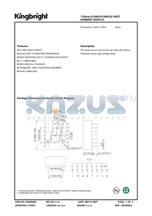 SA03-11GWA datasheet - 7.62mm (0.3INCH) SINGLE DIGIT NUMERIC DISPLAY