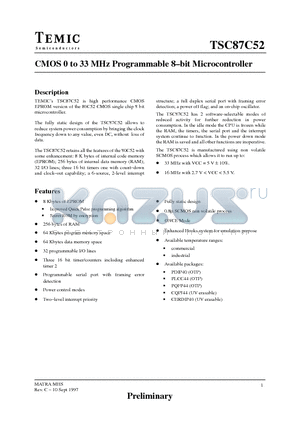 TSC87C52-L16CAR datasheet - CMOS 0 to 33 MHz Programmable 8-bit Microcontroller