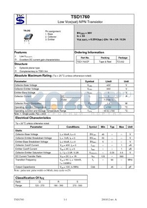 TSD1760CPR datasheet - Low Vce(sat) NPN Transistor