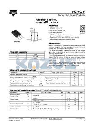 60CPU02-F datasheet - Ultrafast Rectifier, FRED Pt, 2 x 30 A
