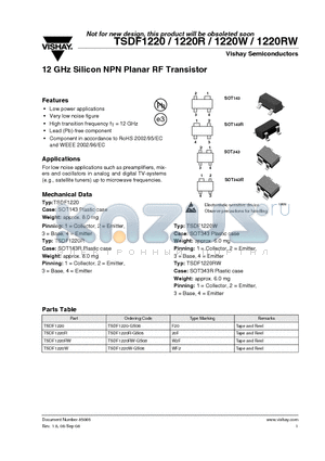 TSDF1220W datasheet - 12 GHz Silicon NPN Planar RF Transistor