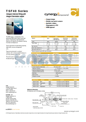 TSF40 datasheet - Compact internal fitting with integral thermistor output
