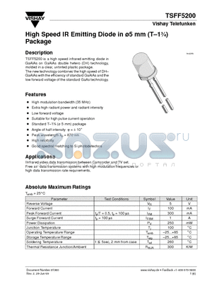 TSFF5200 datasheet - High Speed IR Emitting Diode in ^ mm (T-13/4) Package