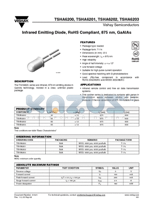 TSHA6201 datasheet - Infrared Emitting Diode, RoHS Compliant, 875 nm, GaAlAs