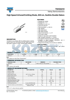 TSHG5210_09 datasheet - High Speed Infrared Emitting Diode, 850 nm, GaAlAs Double Hetero