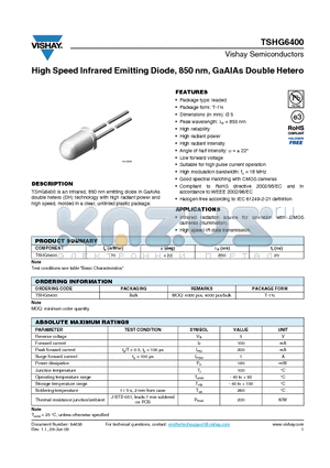 TSHG6400 datasheet - High Speed Infrared Emitting Diode, 850 nm, GaAlAs Double Hetero