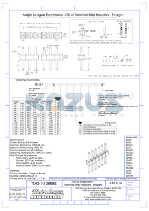 TSHS-1-S datasheet - .100 cl Single Row Terminal Strip Headers - Straight