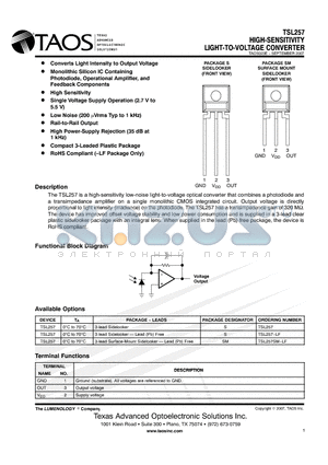 TSL257 datasheet - HIGH-SENSITIVITY LIGHT-TO-VOLTAGE CONVERTER