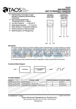 TSL237S-LF datasheet - HIGH-SENSITIVITY LIGHT-TO-FREQUENCY CONVERTER