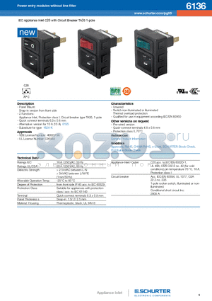 6136 datasheet - IEC Appliance Inlet C20 with Circuit Breaker TA35 1-pole