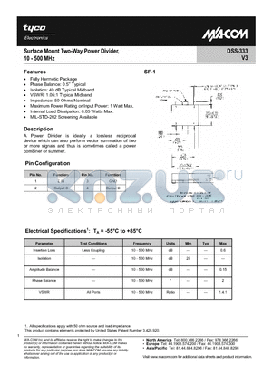 DSS-333PIN datasheet - Surface Mount Two-Way Power Divider, 10 - 500 MHz