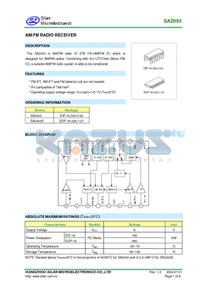 SA2003 datasheet - AM/FM RADIO RECEIVER