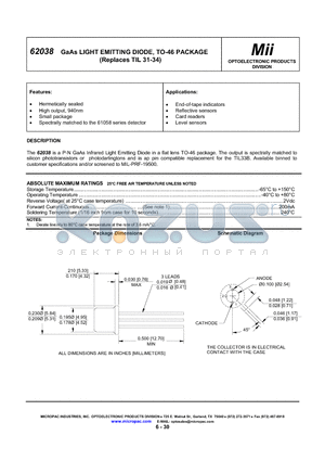 62038-003 datasheet - GaAs LIGHT EMITTING DIODE, TO-46 PACKAGE