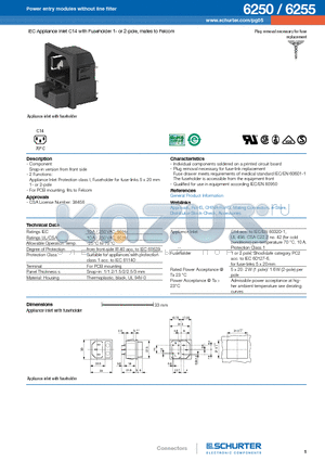 6255 datasheet - IEC Appliance Inlet C14 with Fuseholder 1- or 2-pole, mates to Felcom