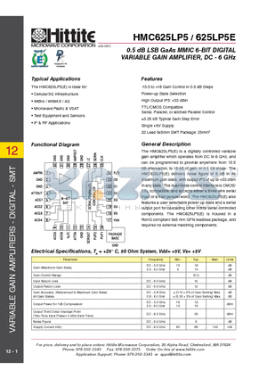 625LP5E datasheet - 0.5 dB LSB GaAs MMIC 6-BIT DIGITAL VARIABLE GAIN AMPLIFIER, DC - 6 GHz