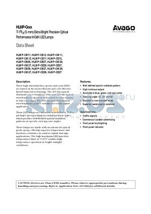 HLMP-CB30 datasheet - T-13/4 (5 mm) Precision Optical Performance InGaN Blue, Green and Cyan Lamps