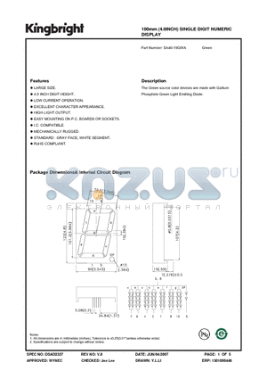 SA40-19GWA datasheet - 100mm (4.0INCH) SINGLE DIGIT NUMERIC DISPLAY