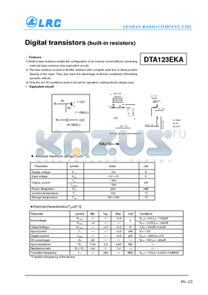 DTA123EKA datasheet - Digital transistors(built-in resistors)