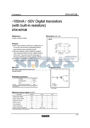 DTA143TUB datasheet - -100mA / -50V Digital transistors
