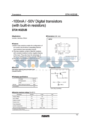DTA143ZUB datasheet - -100mA / -50V Digital transistors