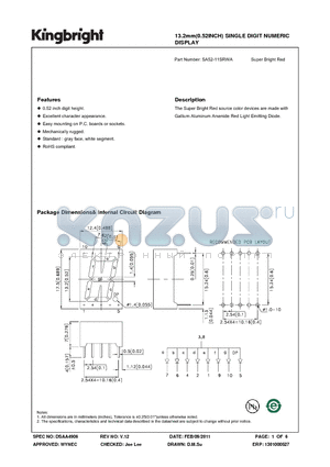 SA52-11SRWA_11 datasheet - 13.2mm(0.52INCH) SINGLE DIGIT NUMERIC DISPLAY