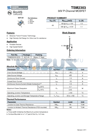 TSM2303 datasheet - 30V P-Channel MOSFET