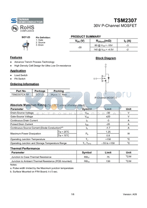 TSM2307 datasheet - 30V P-Channel MOSFET