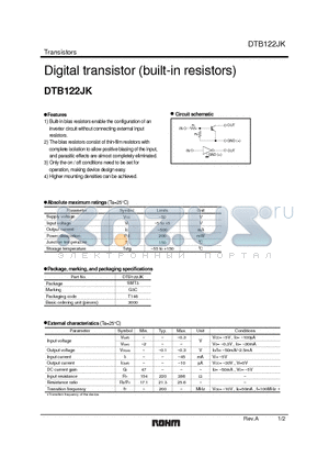 DTB122JK datasheet - Digital transistor (built-in resistors)