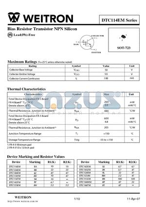 DTC143TM datasheet - Bias Resistor Transistor NPN Silicon