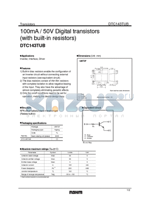 DTC143TUB datasheet - 100mA / 50V Digital transistors