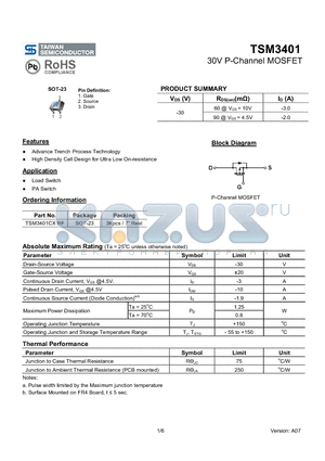 TSM3401_07 datasheet - 30V P-Channel MOSFET