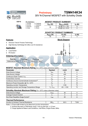 TSM414K34CSRL datasheet - 30V N-Channel MOSFET with Schottky Diode