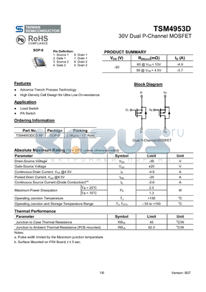 TSM4953D_10 datasheet - 30V Dual P-Channel MOSFET