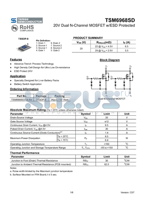 TSM6968SD datasheet - 20V Dual N-Channel MOSFET w/ESD Protected