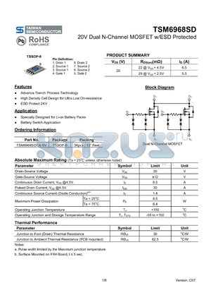 TSM6968SD_07 datasheet - 20V Dual N-Channel MOSFET w/ESD Protected