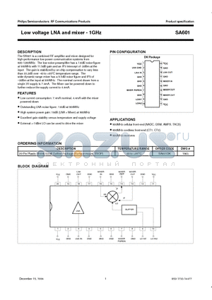 SA601DK datasheet - Low voltage LNA and mixer - 1GHz