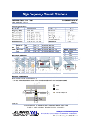 2450BP14D0100E datasheet - 2450 MHz Band Pass Filter