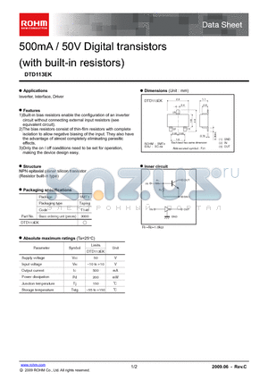 DTD113EK datasheet - 500mA / 50V Digital transistors (with built-in resistors)