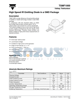 TSMF1000 datasheet - High Speed IR Emitting Diode in ^SMD Package