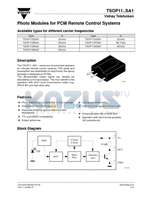 TSOP1130SA1 datasheet - Photo Modules for PCM Remote Control Systems