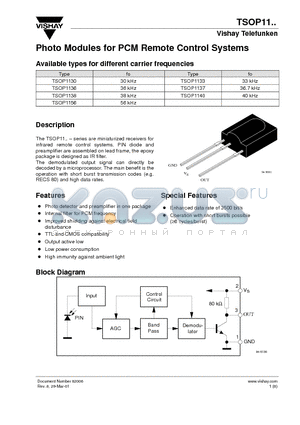 TSOP1138 datasheet - Photo Modules for PCM Remote Control Systems