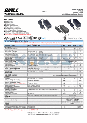 DTIPU16 datasheet - 15 Watt Single Output AC/DC Desktop Power Supply