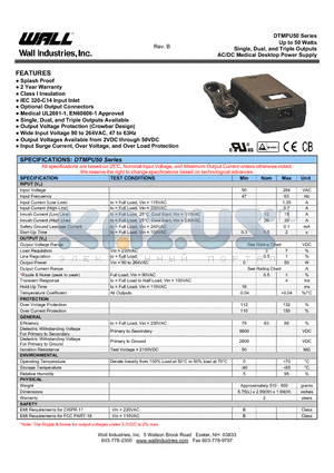 DTMPU50-306 datasheet - Up to 50 Watts Single, Dual, and Triple Outputs AC/DC Medical Desktop Power Supply