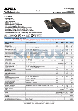 DTMPU63-105 datasheet - 63 Watt Single Output AC/DC Medical Desktop Power Supply