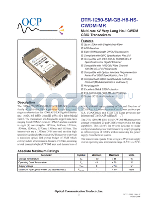 DTR1250SMGBH8HSCWDMMR datasheet - Multi-rate 5V Very Long Haul CWDM GBIC Transceivers