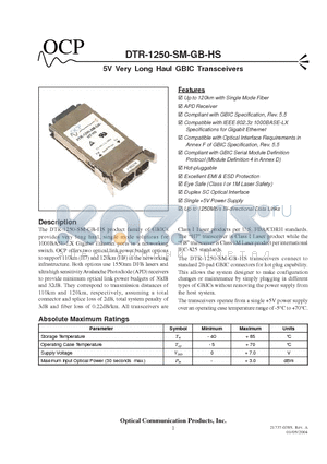 DTR1250SMGBHS datasheet - 5V Very Long Haul GBIC Transceivers