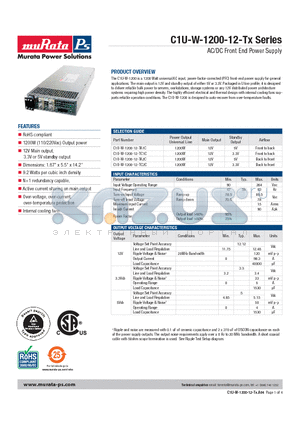 C1U-W-1200-12-TA1C datasheet - AC/DC Front End Power Supply