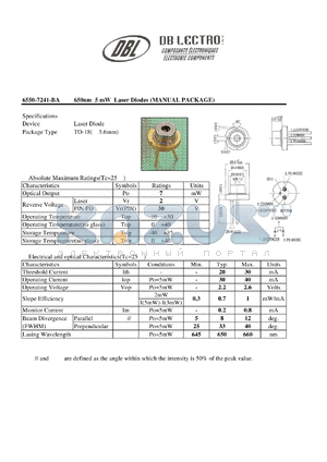 6550-7241-BA datasheet - 650nm 5 mW Laser Diodes MANUAL PACKAGE